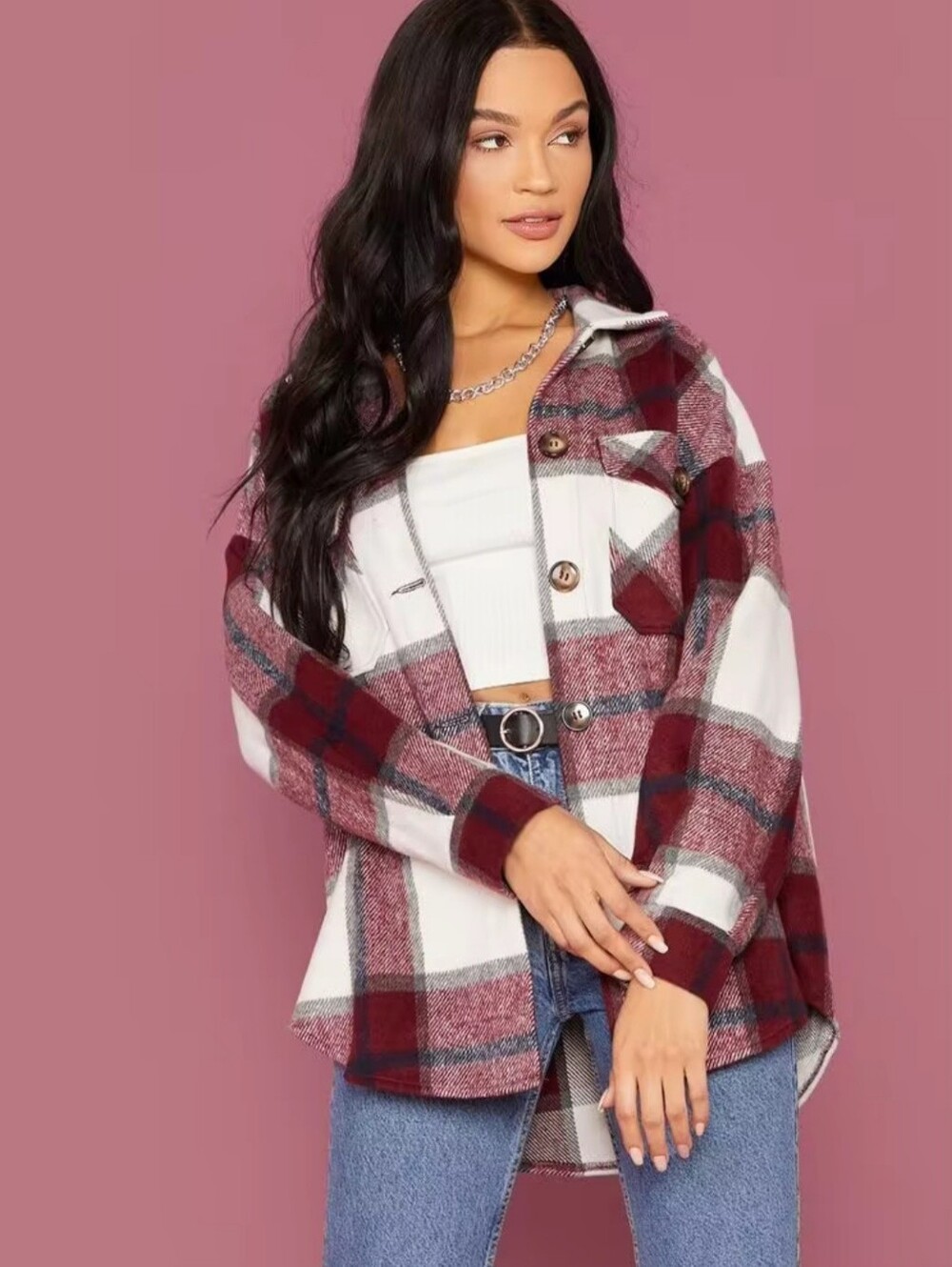 SHEIN Burgundy Plaid Oversized Shacket Shirt Jacket XS